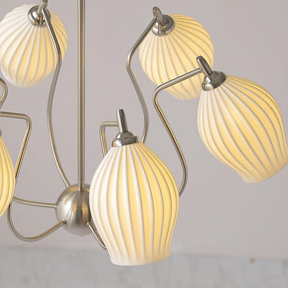 Ceramic Ribbed Chandelier with Adjustable Height and Soft Ambient Ligh