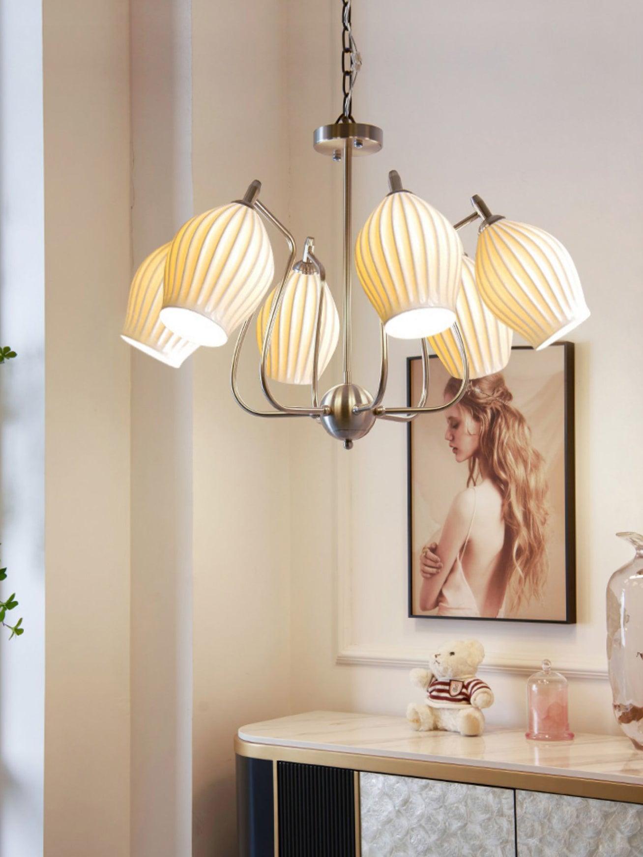 Ceramic Ribbed Chandelier with Adjustable Height and Soft Ambient Ligh