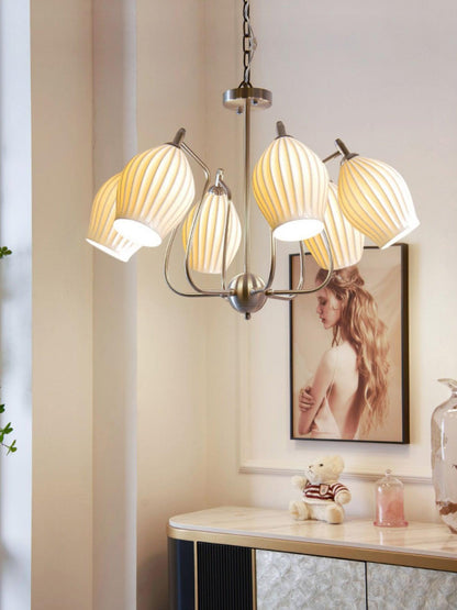 Ceramic Ribbed Chandelier with Adjustable Height and Soft Ambient Ligh
