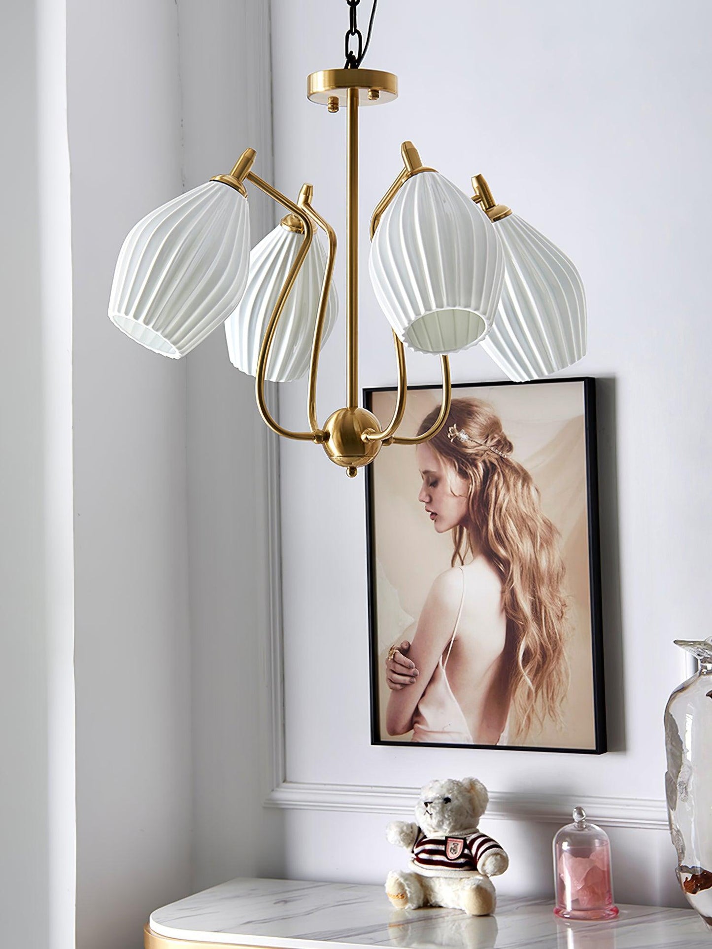Ceramic Ribbed Chandelier with Adjustable Height and Soft Ambient Ligh