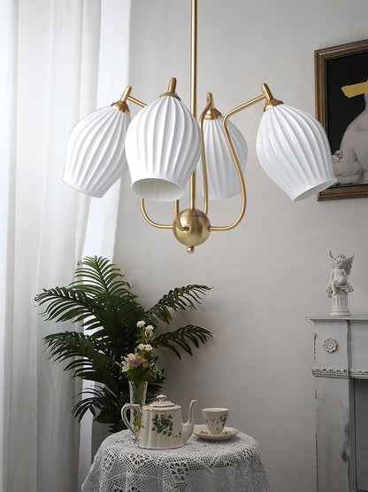 Ceramic Ribbed Chandelier with Adjustable Height and Soft Ambient Ligh
