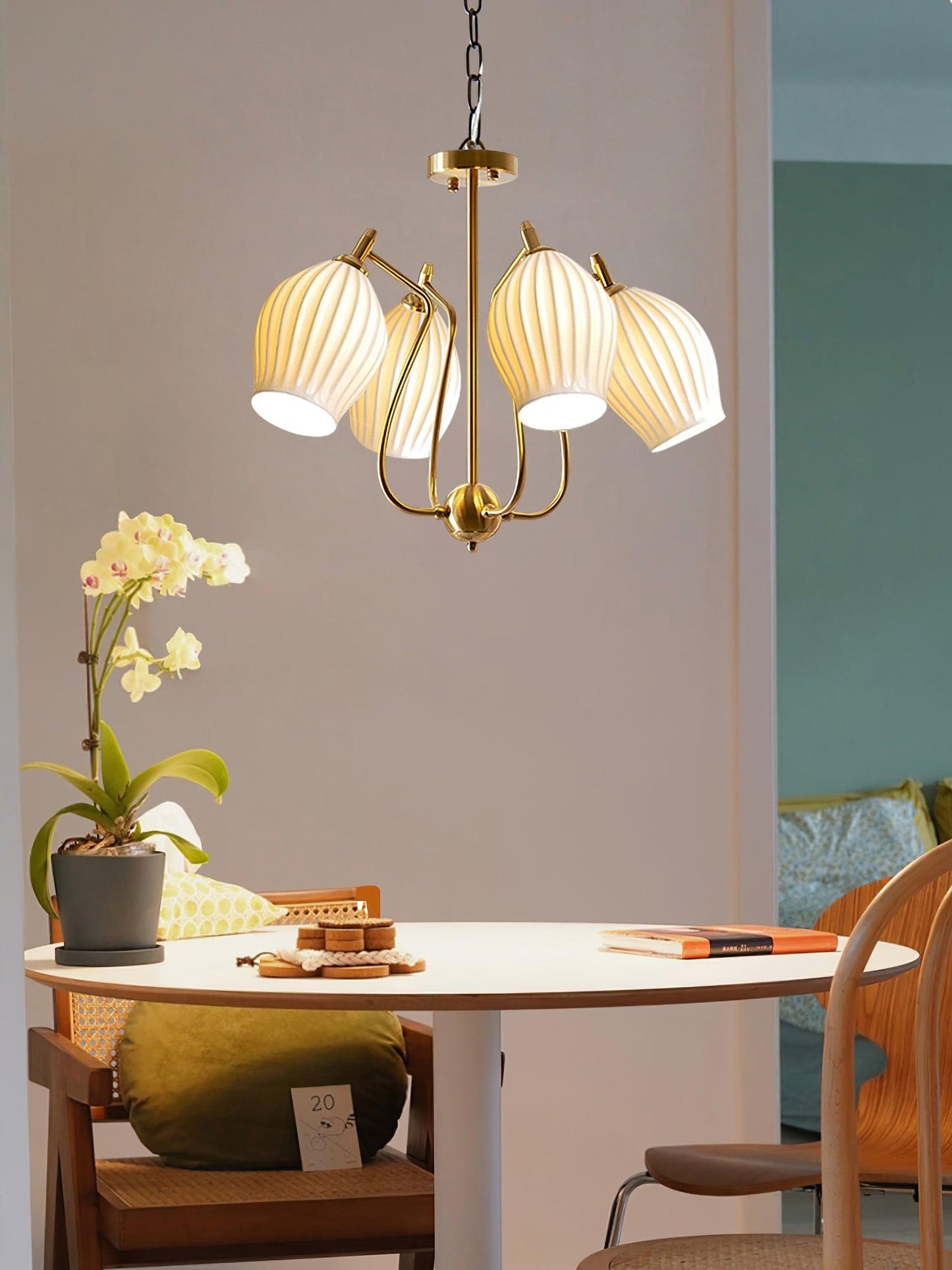 Ceramic Ribbed Chandelier with Adjustable Height and Soft Ambient Ligh