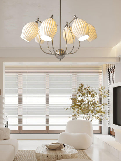 Ceramic Ribbed Chandelier with Adjustable Height and Soft Ambient Ligh
