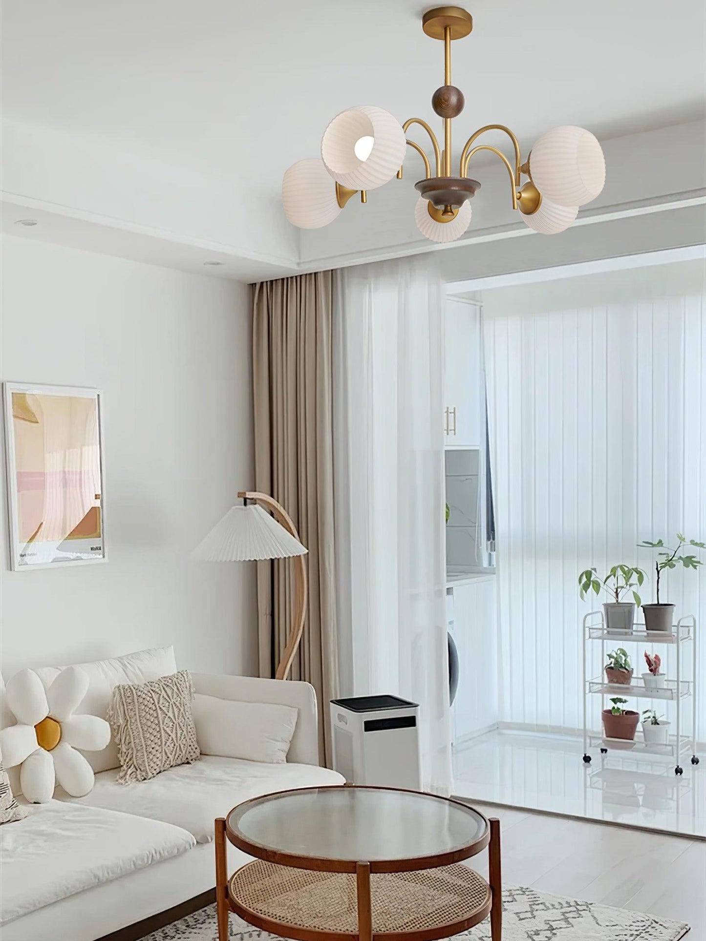 Modern Sculptural Ribbed Glass Chandelier with Adjustable Lighting