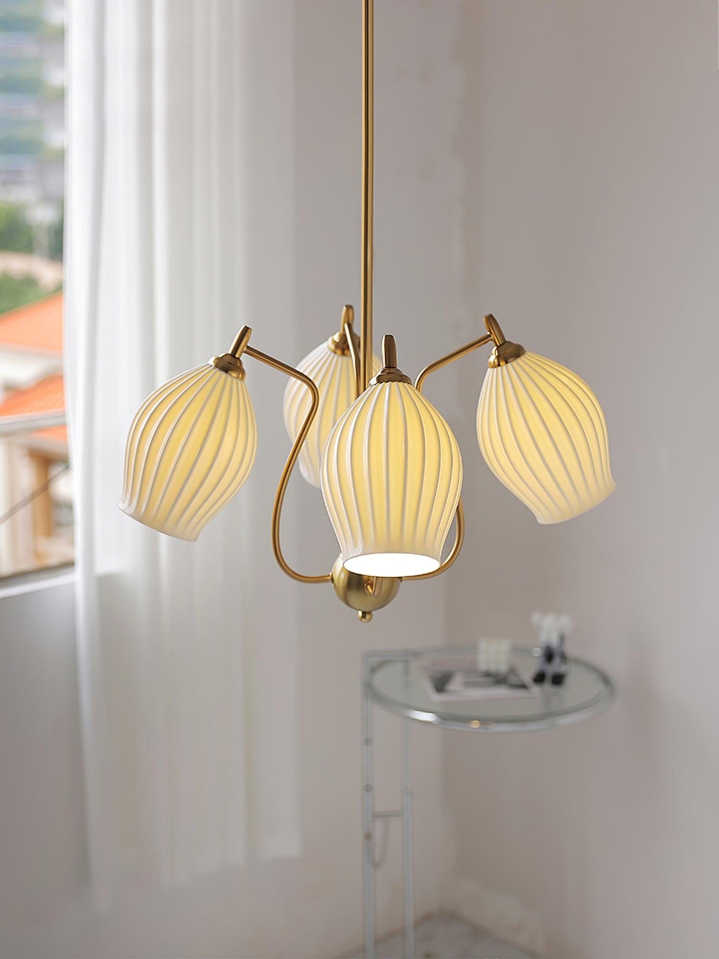 Ceramic Ribbed Chandelier with Adjustable Height and Soft Ambient Ligh