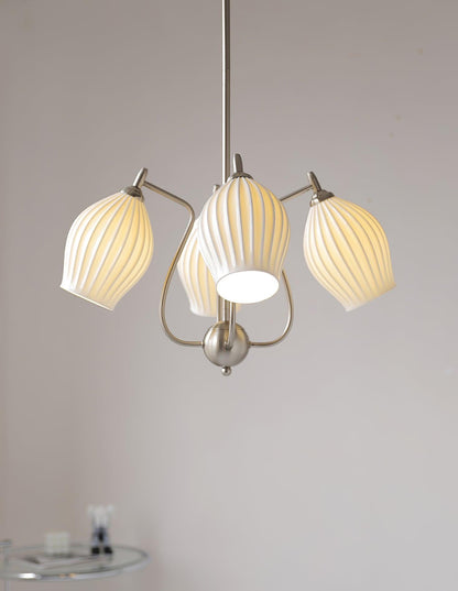 Ceramic Ribbed Chandelier with Adjustable Height and Soft Ambient Ligh