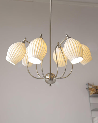 Ceramic Ribbed Chandelier with Adjustable Height and Soft Ambient Ligh