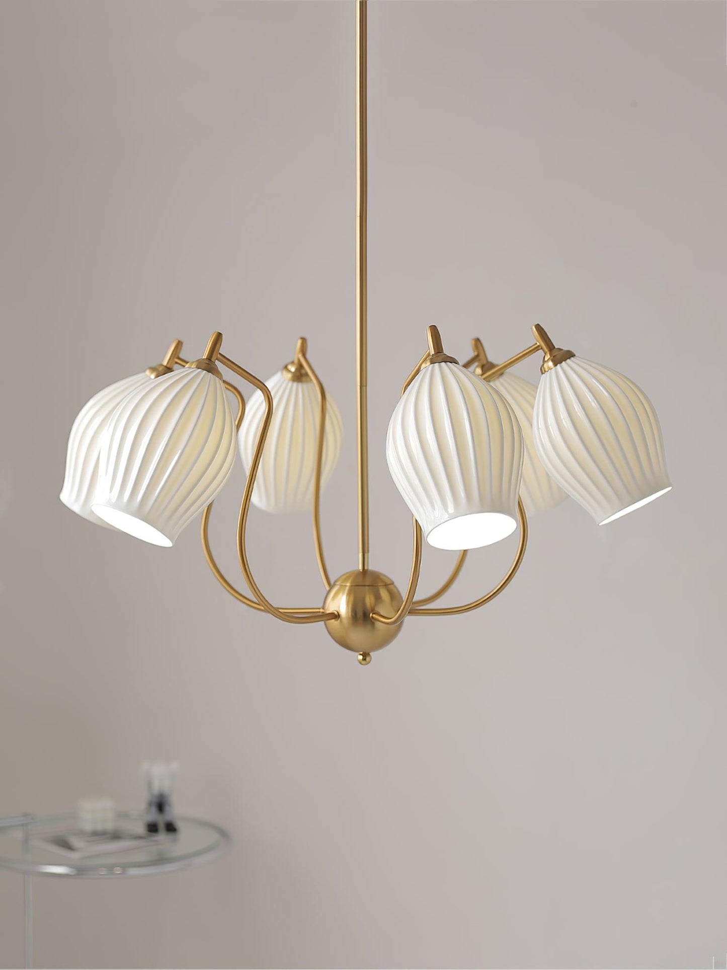 Ceramic Ribbed Chandelier with Adjustable Height and Soft Ambient Ligh
