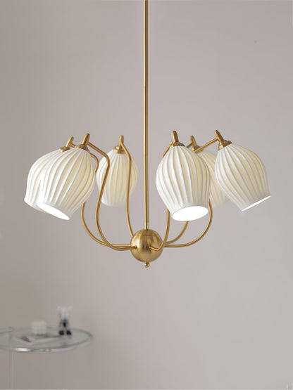 Ceramic Ribbed Chandelier with Adjustable Height and Soft Ambient Ligh