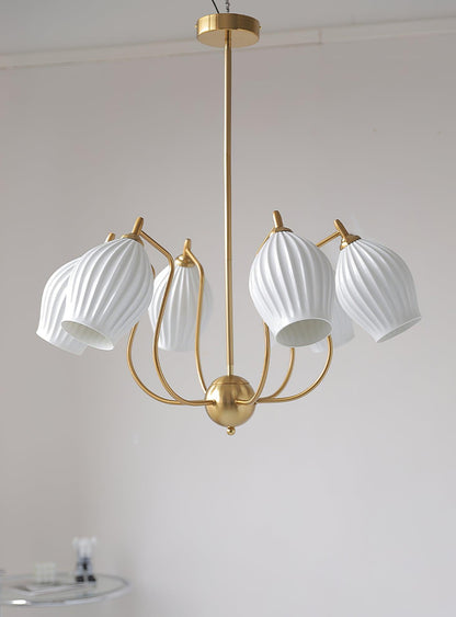 Ceramic Ribbed Chandelier with Adjustable Height and Soft Ambient Ligh