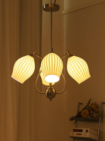 Ceramic Ribbed Chandelier with Adjustable Height and Soft Ambient Ligh