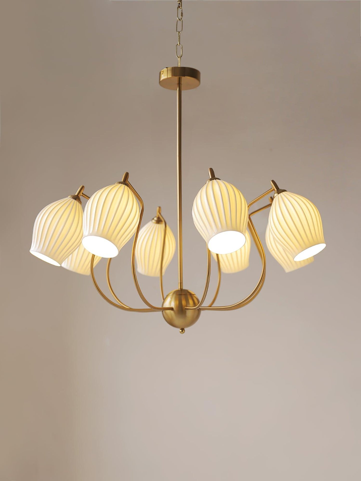 Ceramic Ribbed Chandelier with Adjustable Height and Soft Ambient Ligh