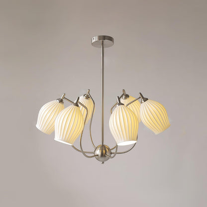 Ceramic Ribbed Chandelier with Adjustable Height and Soft Ambient Ligh