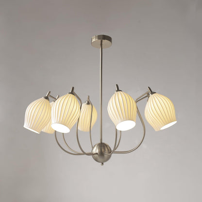 Ceramic Ribbed Chandelier with Adjustable Height and Soft Ambient Ligh