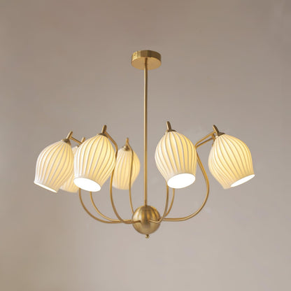 Ceramic Ribbed Chandelier with Adjustable Height and Soft Ambient Ligh