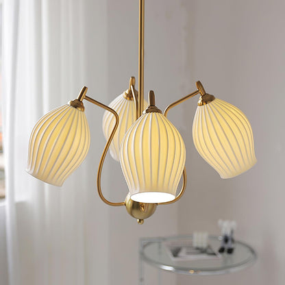 Ceramic Ribbed Chandelier with Adjustable Height and Soft Ambient Ligh