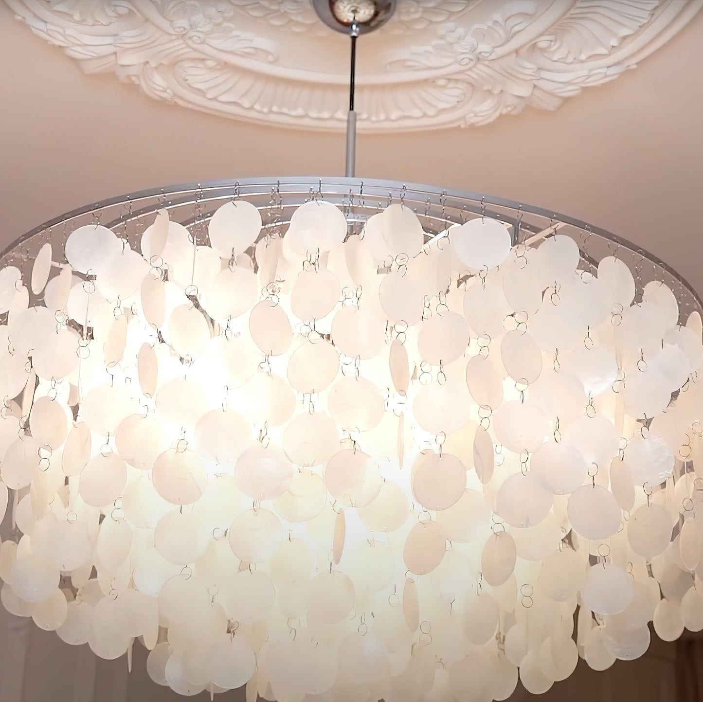 Elegant Round Shell Chandelier with Adjustable Height & Soft Lighting