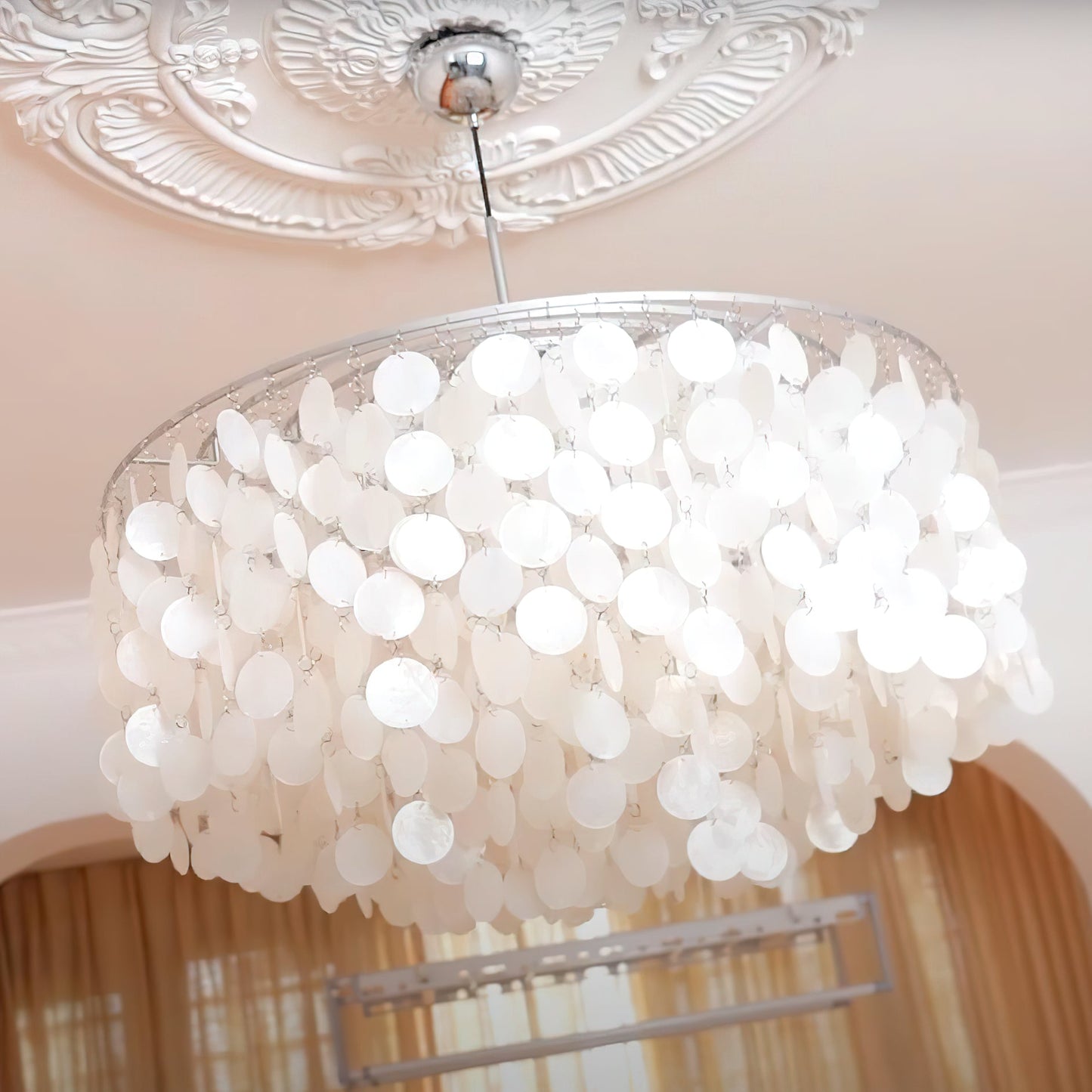 Elegant Round Shell Chandelier with Adjustable Height & Soft Lighting