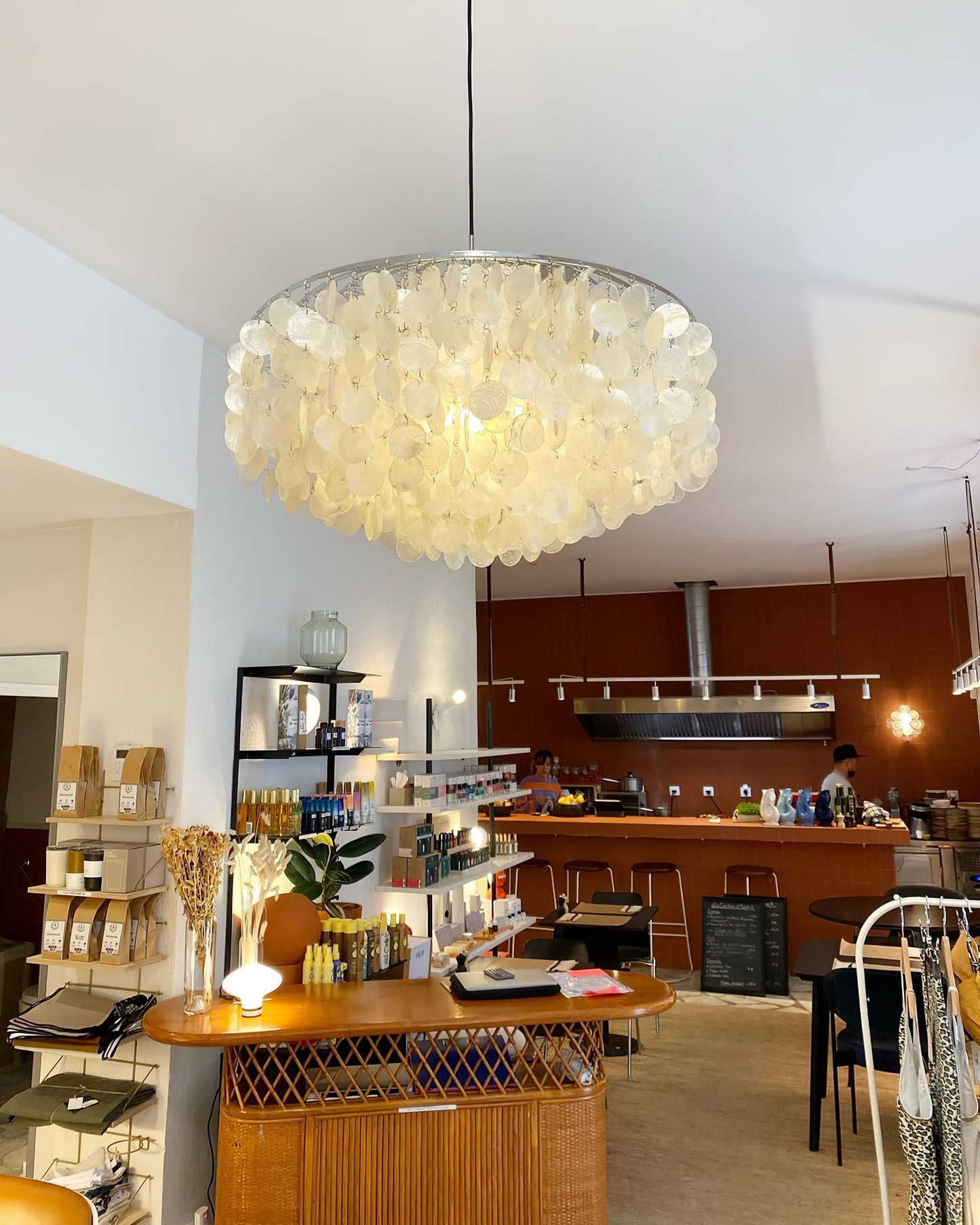 Elegant Round Shell Chandelier with Adjustable Height & Soft Lighting