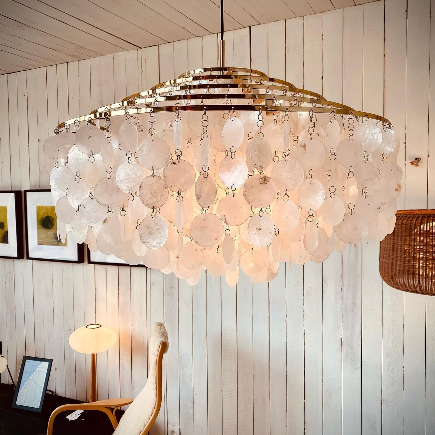 Elegant Round Shell Chandelier with Adjustable Height & Soft Lighting