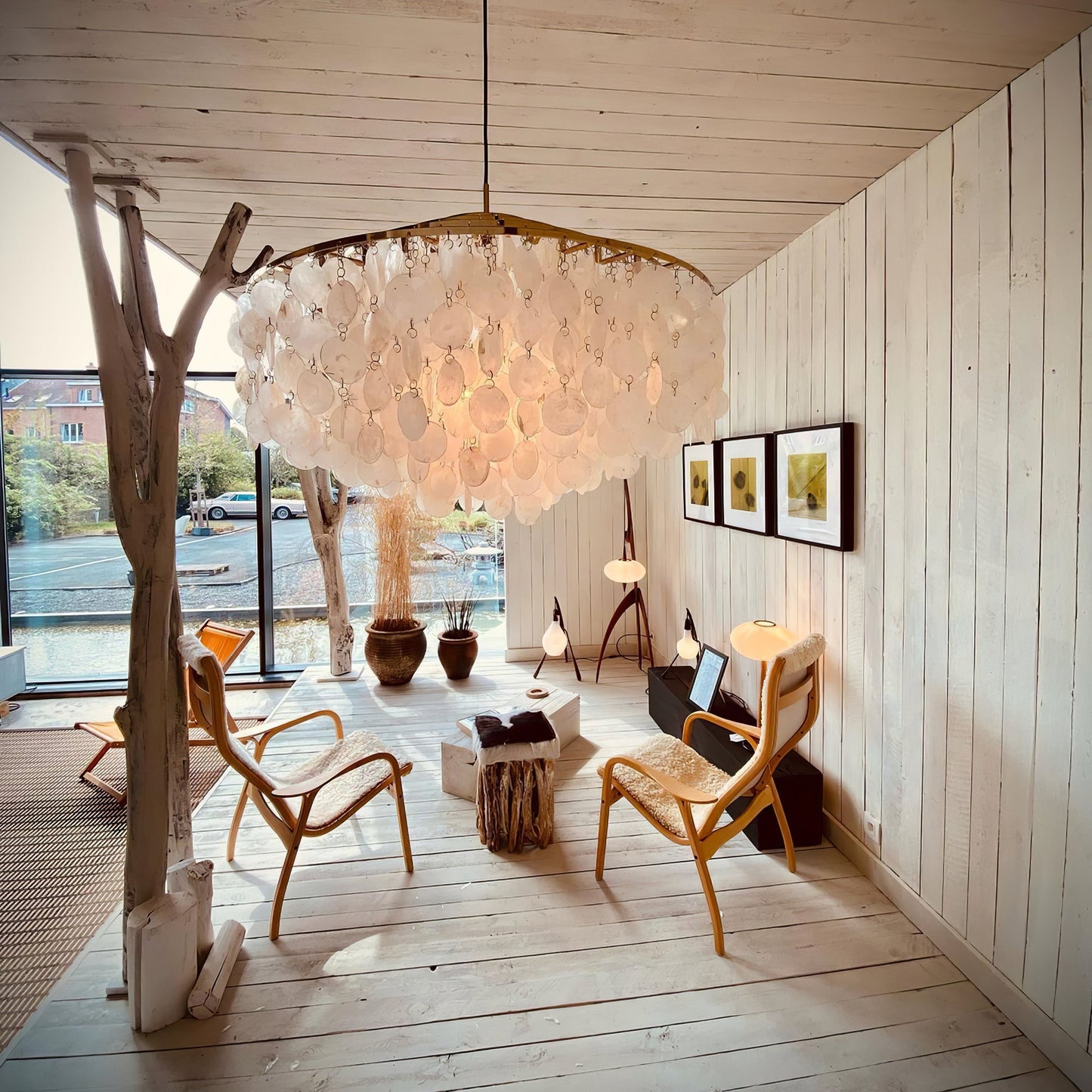 Elegant Round Shell Chandelier with Adjustable Height & Soft Lighting