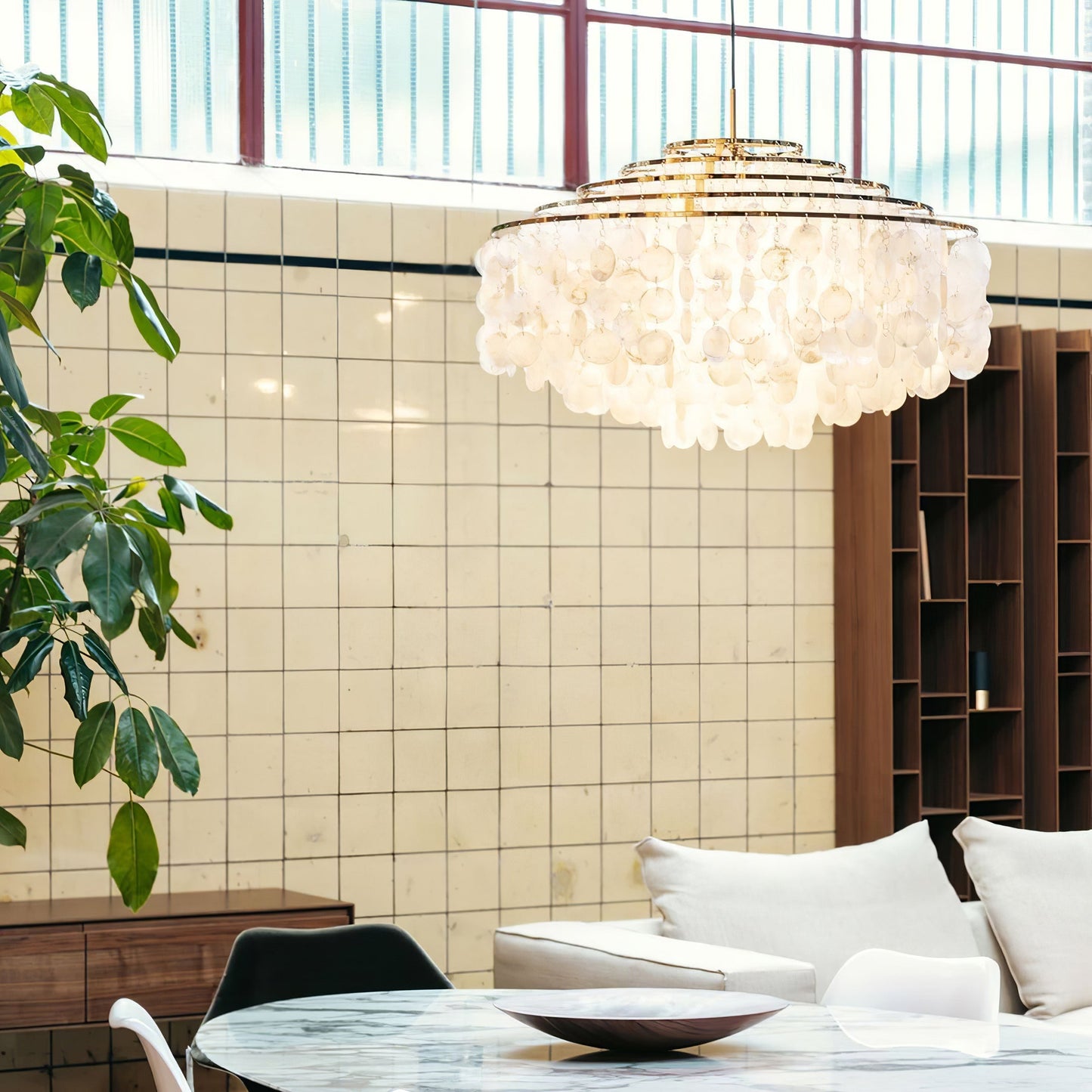 Elegant Round Shell Chandelier with Adjustable Height & Soft Lighting