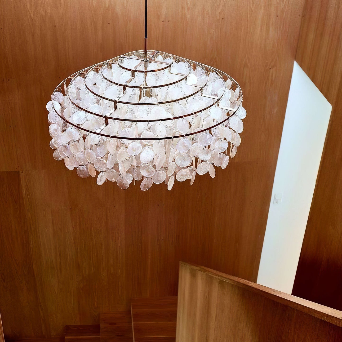 Elegant Round Shell Chandelier with Adjustable Height & Soft Lighting
