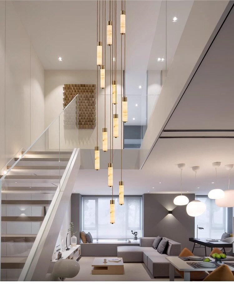 Elegant Slender Alabaster Column Chandelier with Dimmable LED Lighting