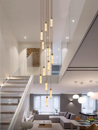 Elegant Slender Alabaster Column Chandelier with Dimmable LED Lighting