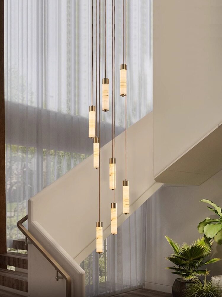 Elegant Slender Alabaster Column Chandelier with Dimmable LED Lighting