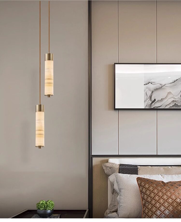 Elegant Slender Alabaster Column Chandelier with Dimmable LED Lighting