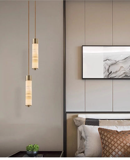 Elegant Slender Alabaster Column Chandelier with Dimmable LED Lighting