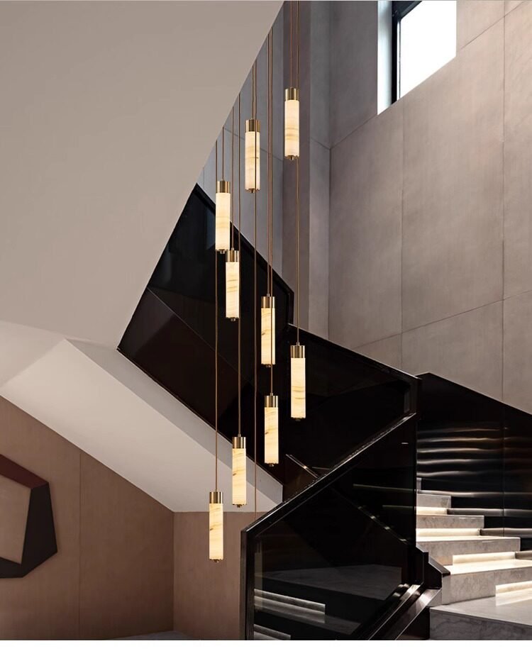 Elegant Slender Alabaster Column Chandelier with Dimmable LED Lighting