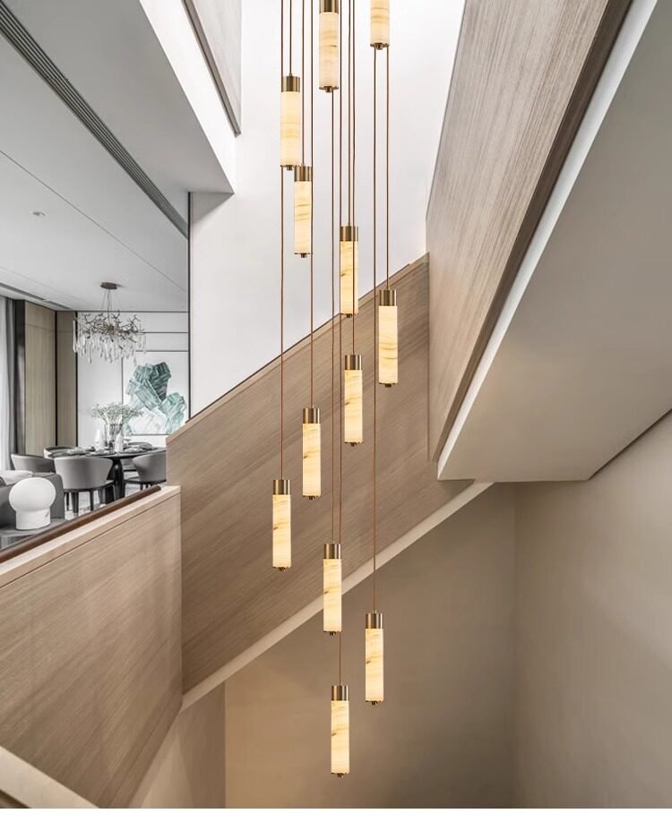 Elegant Slender Alabaster Column Chandelier with Dimmable LED Lighting