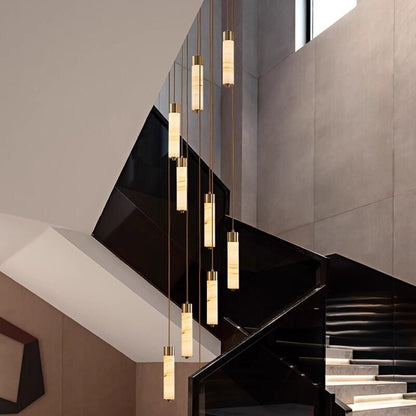 Elegant Slender Alabaster Column Chandelier with Dimmable LED Lighting