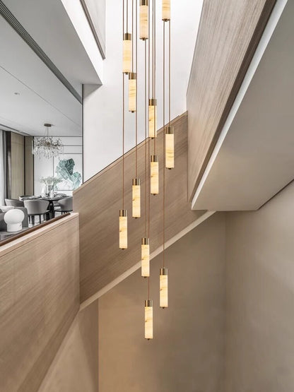 Elegant Slender Alabaster Column Chandelier with Dimmable LED Lighting