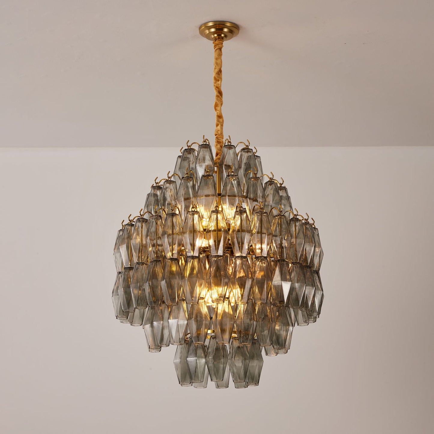 Smoke Gray Prism Round Chandelier with Adjustable Height & LED-Compati