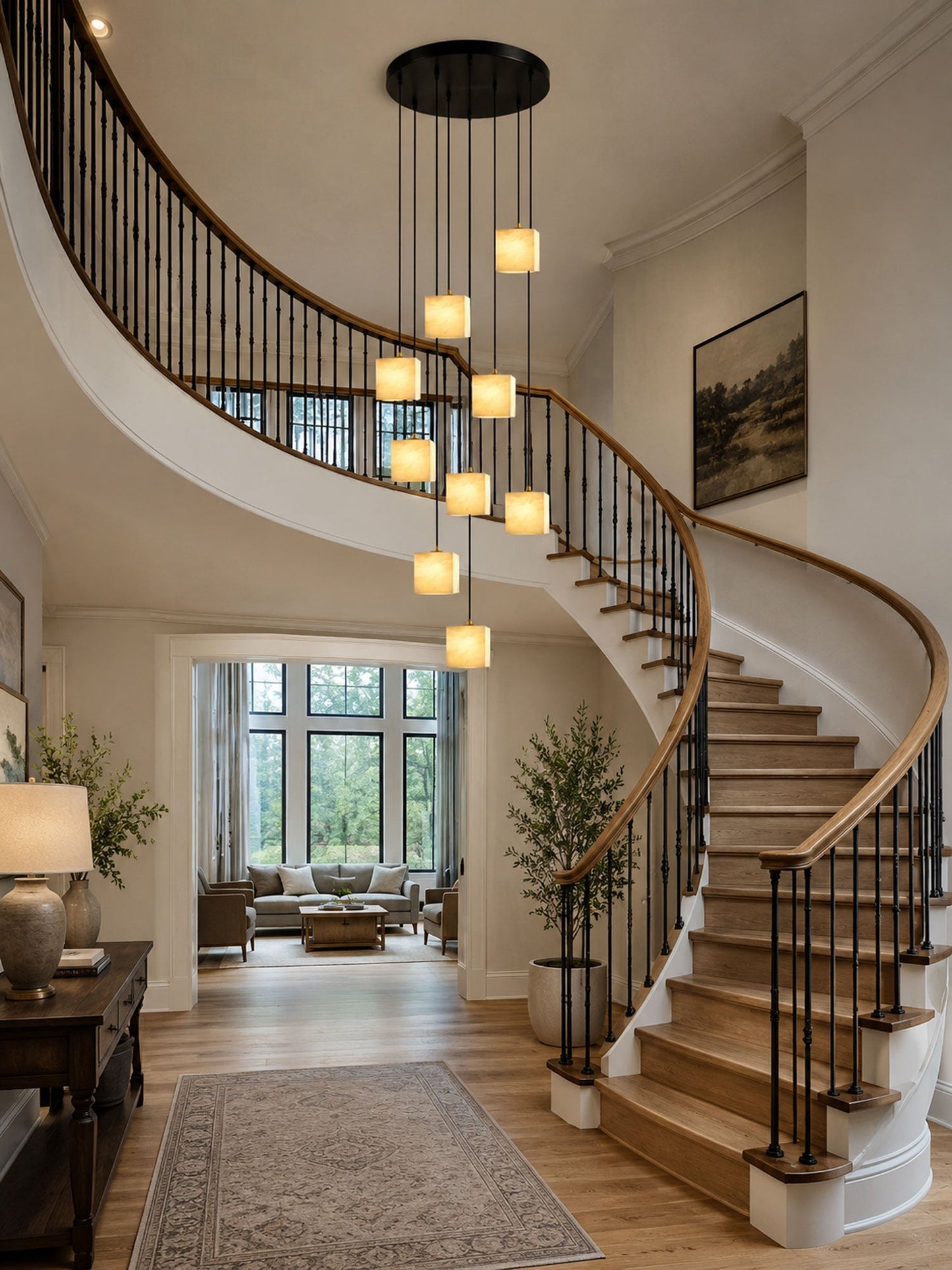 Square Alabaster Staircase Chandelier - Elegant Design, Adjustable Hei