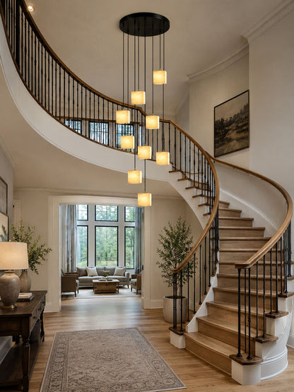 Square Alabaster Staircase Chandelier - Elegant Design, Adjustable Hei