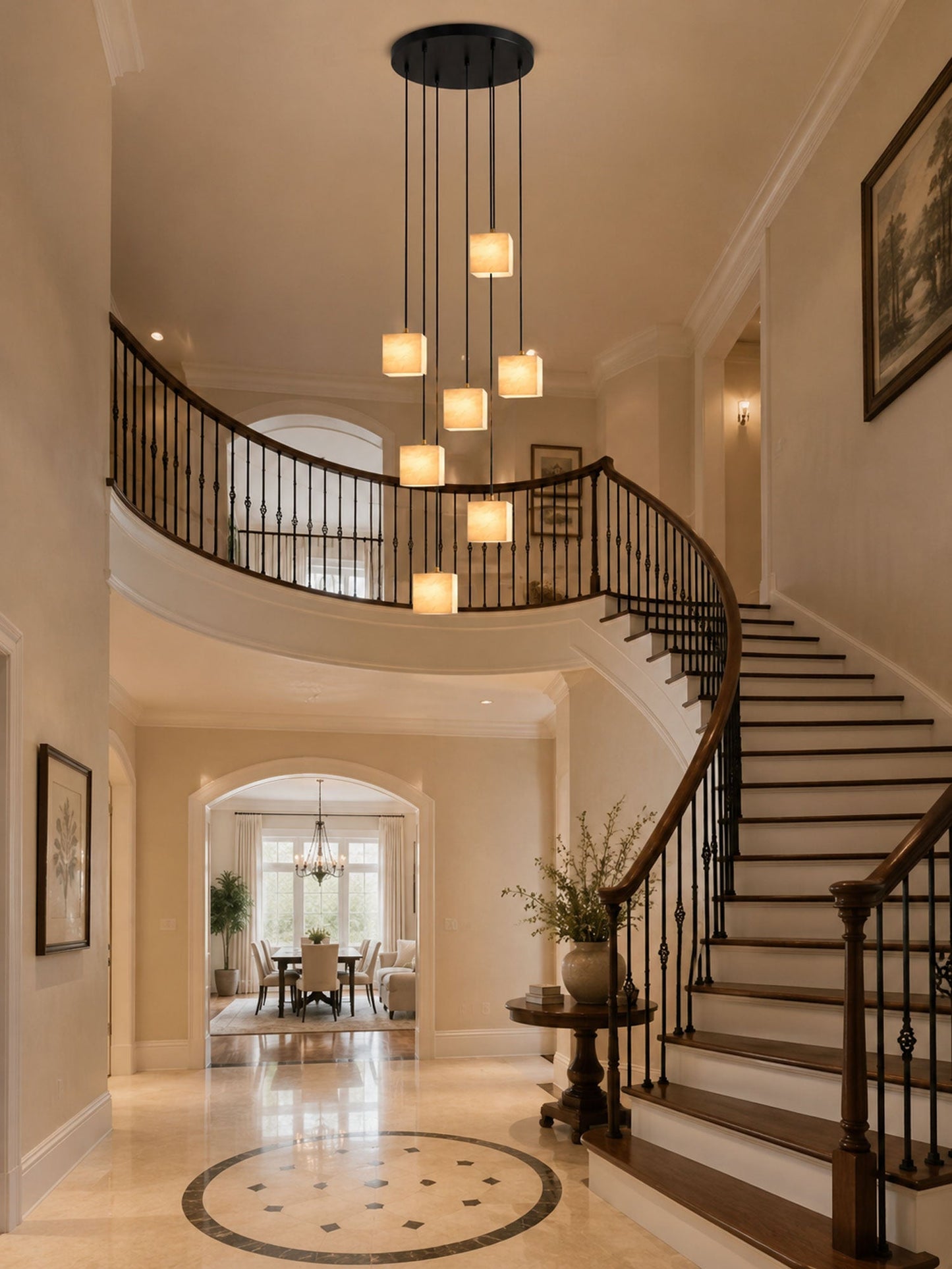 Square Alabaster Staircase Chandelier - Elegant Design, Adjustable Hei