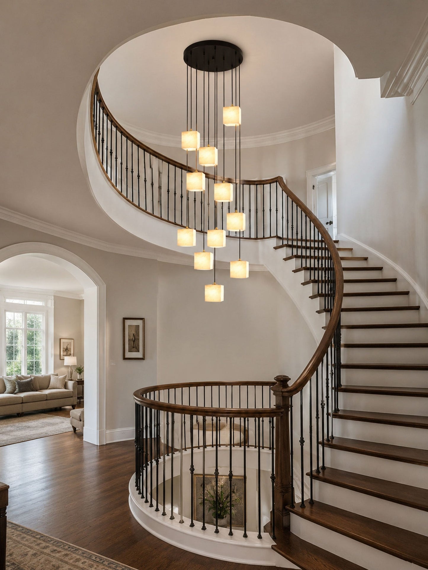 Square Alabaster Staircase Chandelier - Elegant Design, Adjustable Hei