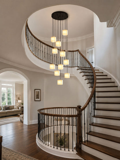 Square Alabaster Staircase Chandelier - Elegant Design, Adjustable Hei