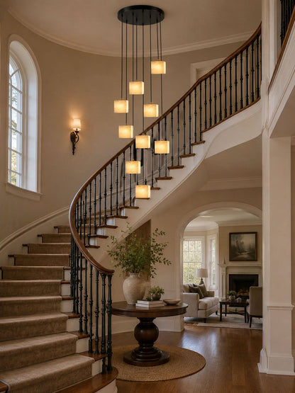 Square Alabaster Staircase Chandelier - Elegant Design, Adjustable Hei