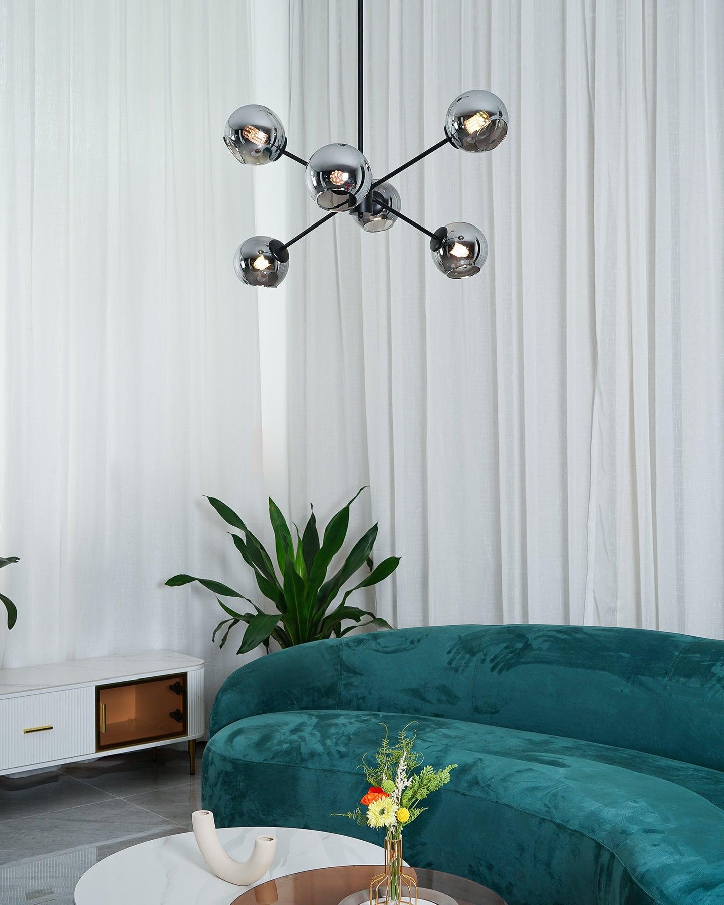 Staggered Glass 6-Light Chandelier with Adjustable Height & Modern Des