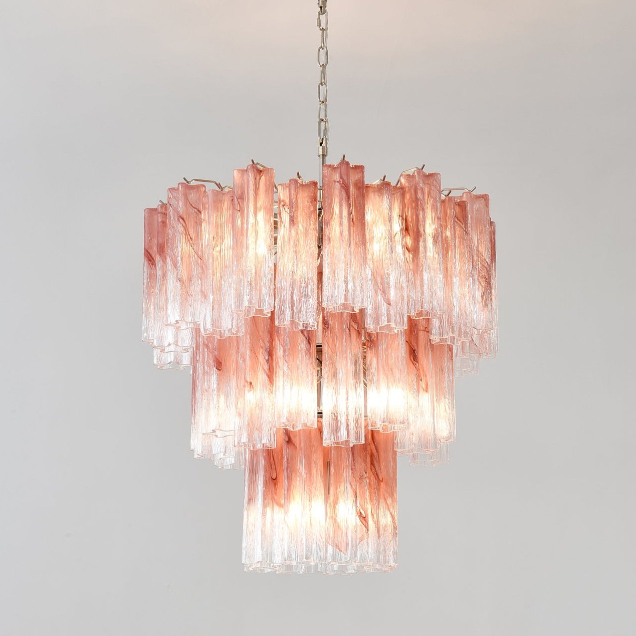 Elegant Pink Glass Tubes Chandelier with Adjustable Height & LED Compa
