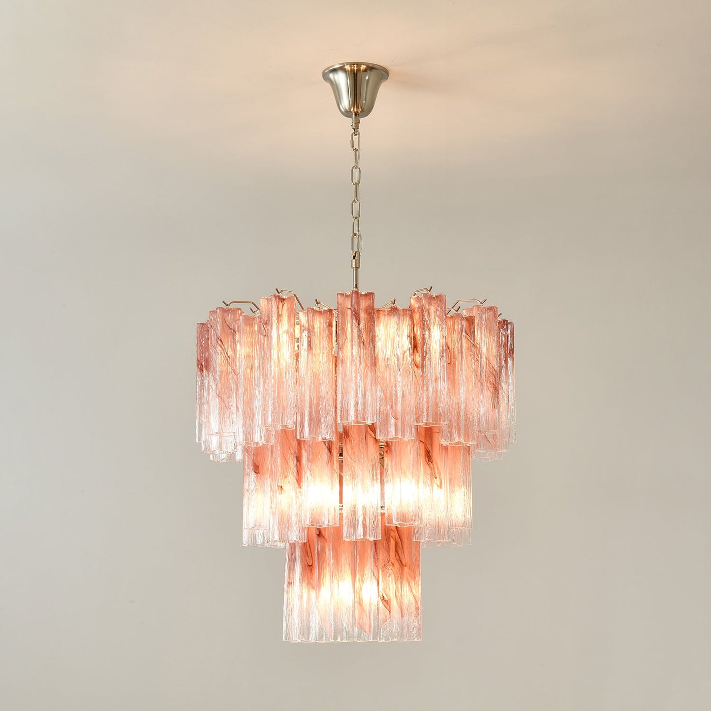 Elegant Pink Glass Tubes Chandelier with Adjustable Height & LED Compa
