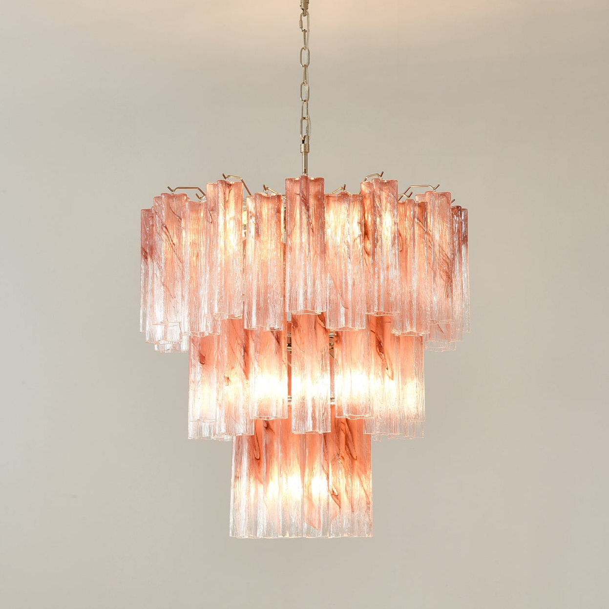 Elegant Pink Glass Tubes Chandelier with Adjustable Height & LED Compa