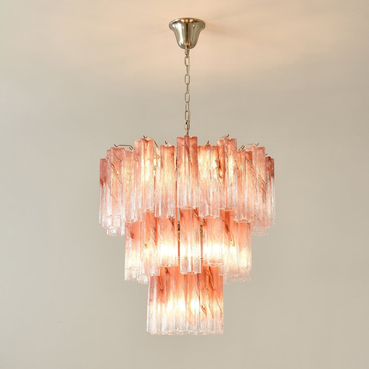 Elegant Pink Glass Tubes Chandelier with Adjustable Height & LED Compa