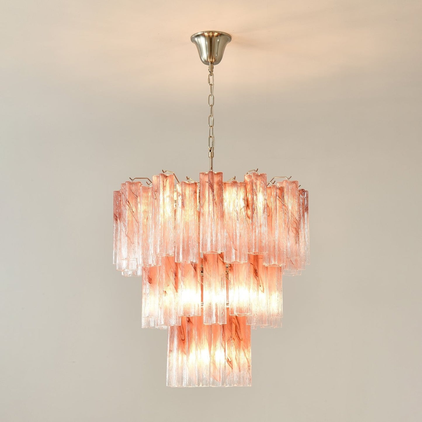 Elegant Pink Glass Tubes Chandelier with Adjustable Height & LED Compa
