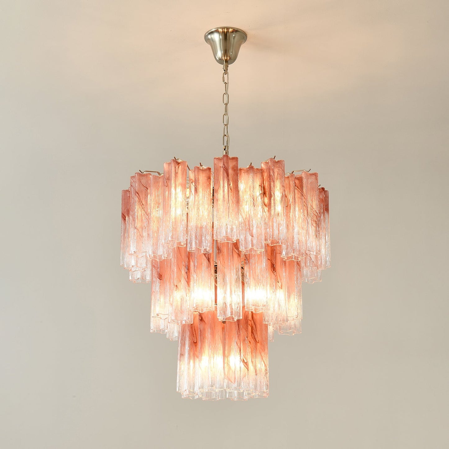 Elegant Pink Glass Tubes Chandelier with Adjustable Height & LED Compa
